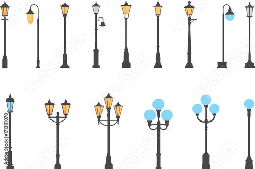Street lamp collection, vintage outdoor lighting, urban light pole set, city streetlight design, modern and classic lampposts, r