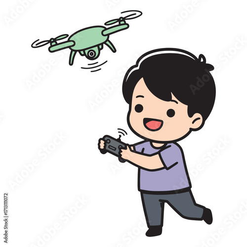 Young boy happily operating a remote-controlled drone in the air, capturing a playful moment of technological engagement and outdoor fun