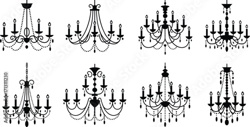 Chandelier silhouette set, vintage lighting design, elegant ceiling lamp, ornate chandelier vector, classic interior decor, luxury light fixture, decorative lighting, 