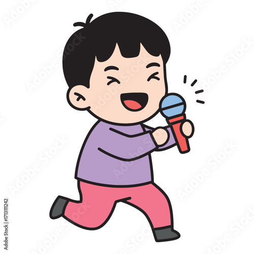 Joyful child singing with microphone, illustration of childhood fun and performance