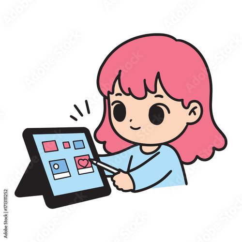 Cute girl drawing and designing on a tablet, digital art and creativity for children and beginners, graphic design illustration
