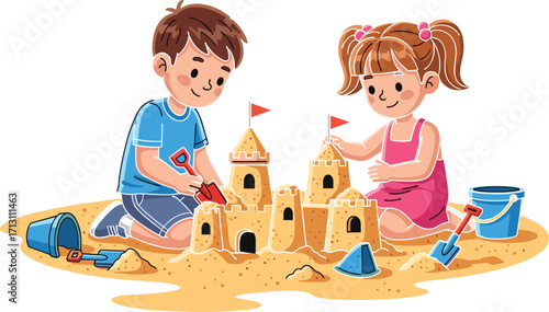 Happy kids building sandcastles, children playing on beach, boy and girl having fun, summer vacation, outdoor play, beach activity, childhood joy, joyful moments, creative play, seaside fun