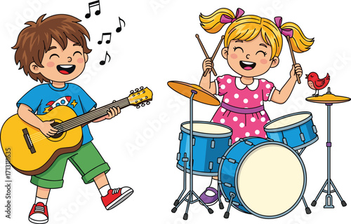 Happy kids playing music, boy playing acoustic guitar, girl playing drums, children musicians, musical instruments, fun band, music education, creative kids, school performance, joyful childhood