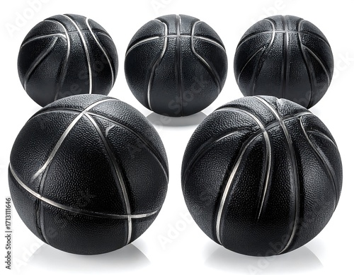 Five black basketballs with silver accents are arranged in a precise, symmetrical pattern against a plain white background.