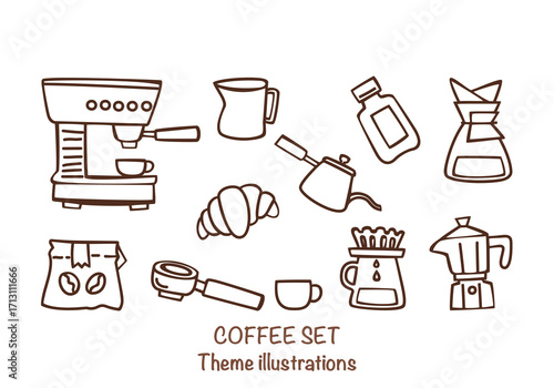 Hand-drawn coffee set illustration includes an espresso machine, Moka pot, coffee beans, cups, and barista equipment. Vector illustrations are perfect for a coffee shop design, menu, or branding.
