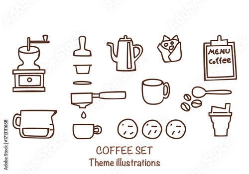Hand-drawn coffee set illustration includes an espresso machine, Moka pot, coffee beans, cups, and barista equipment. Vector illustrations are perfect for a coffee shop design, menu, or branding.
