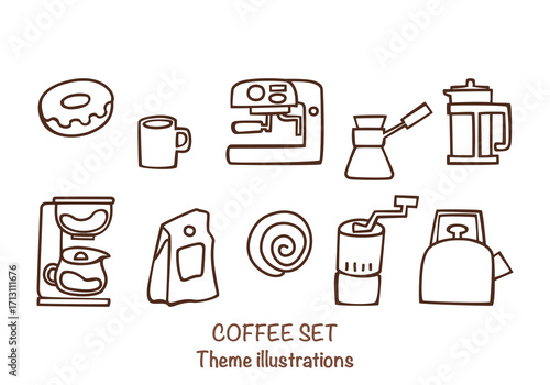Hand-drawn coffee set illustration includes an espresso machine, Moka pot, coffee beans, cups, and barista equipment. Vector illustrations are perfect for a coffee shop design, menu, or branding.
