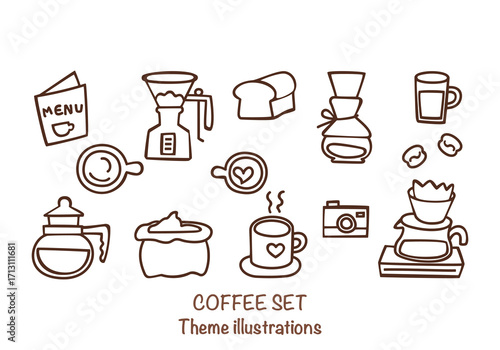 Hand-drawn coffee set illustration includes an espresso machine, Moka pot, coffee beans, cups, and barista equipment. Vector illustrations are perfect for a coffee shop design, menu, or branding.

