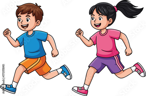 Happy kids running, children exercising, boy and girl jogging, active lifestyle, outdoor play, healthy kids, physical activity, fitness for children, school sports, joyful movement