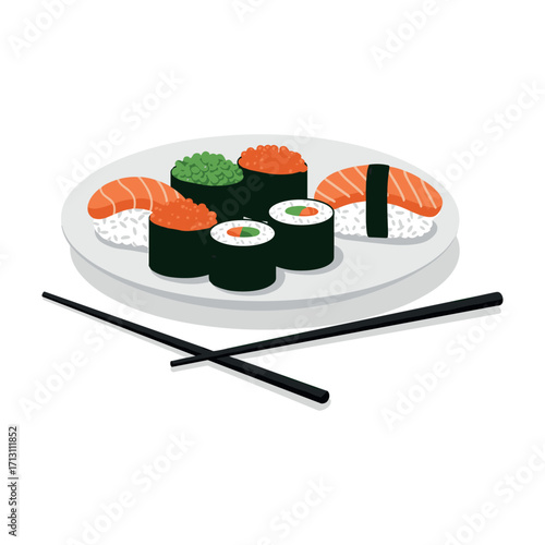 Savoring sushi delights a culinary showcase of japanese cuisine kitchen table food art minimalist style. Vector illustration