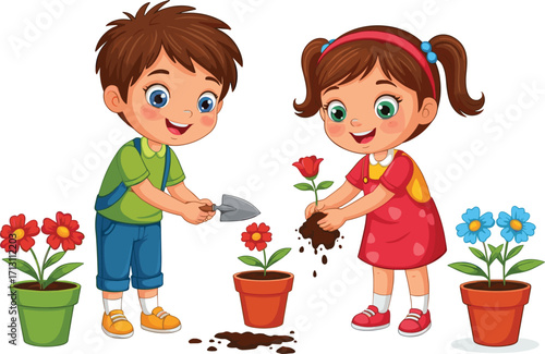 Happy children planting flowers, boy and girl gardening, kids growing plants, outdoor nature activity, springtime fun, educational gardening, child care, eco-friendly learning,