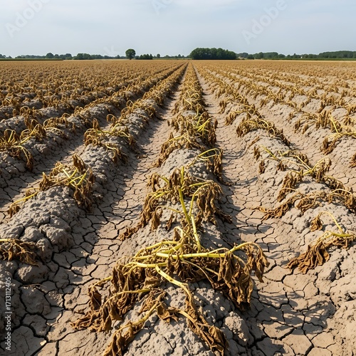 A parched earth field displays rows of withered potato plants, highlighting the impact of drought on agriculture.