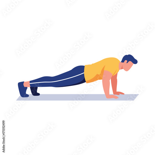 Push-up workout techniques home gym fitness guide indoor side view strength training tips for optimal performance. Vector illustration