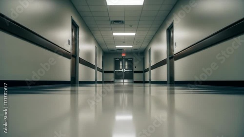 Wallpaper Mural long, empty, and dimly lit hospital corridor with low-angle perspective. reflections on polished floor enhance eerie, mysterious, and spooky mood. Torontodigital.ca