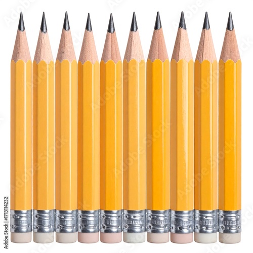 A row of twelve standard yellow pencils with graphite leads and attached erasers, arranged neatly against a plain white background.