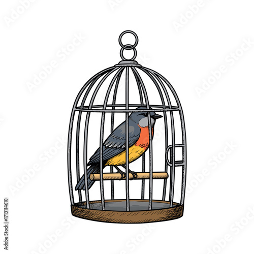 Bird in cage artistic illustration home decor minimalist style freedom concept. Vector illustration