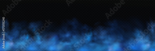 Realistic blue smoke or haze, magic fog and vapor on floor, hot fire flame effect, overlay on transparent background.Abstract vector illustration.
