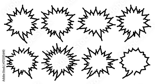 A collection of eight stylized speech bubbles, each with a jagged, explosive outline.