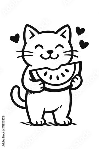 A cute, happy cartoon hedgehog with a big smile, holding a strawberry, with hearts floating around it, in a black and white illustration style.