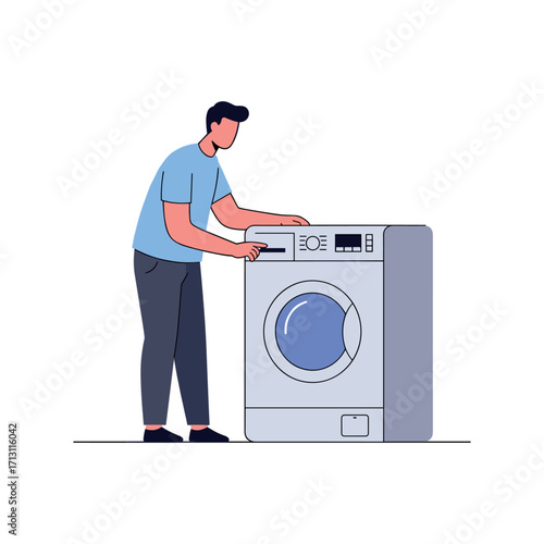 Home laundry action man operating washing machine at home digital illustration clean environment modern view. Vector illustration