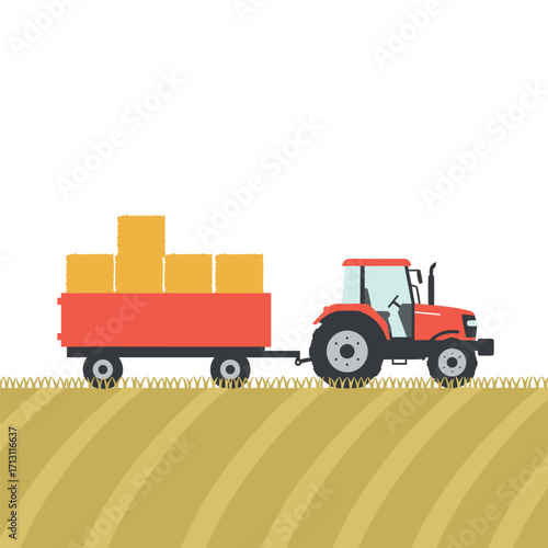 Tractor transporting hay bales farm field agriculture rural landscape aerial view farming concept. Vector illustration