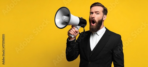 The Loudspeaker: A bearded individual passionately announces and shares their message through a megaphone, in a powerful, dynamic pose against a bold yellow background.