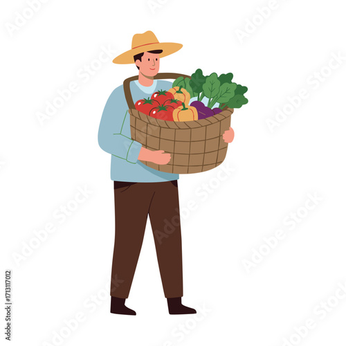 Harvesting fresh vegetables farm field illustration rural setting agricultural lifestyle. Vector illustration