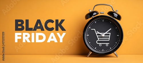 Black Friday Shopping Time: An enticing visual of the classic Black Friday Sale, featuring an alarm clock with a shopping cart icon on it and an orange backdrop, heralding the shopping day.