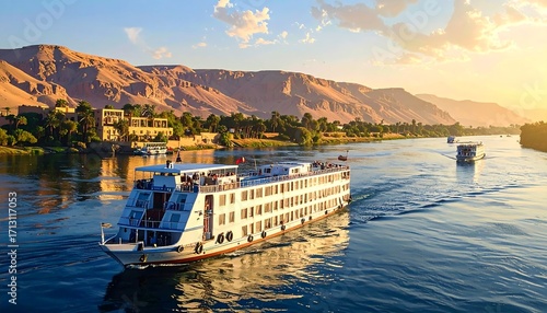 A large river cruise ship glides along a serene Nile River, passing by ancient desert landscapes at sunset.