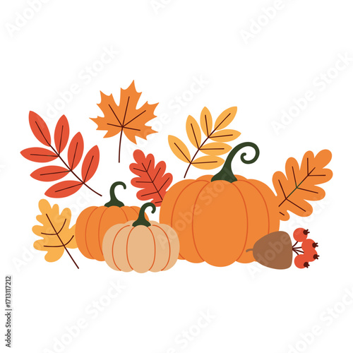 Harvest festival celebration with pumpkins and autumn leaves in a cozy home setting warm and inviting atmosphere. Vector illustration