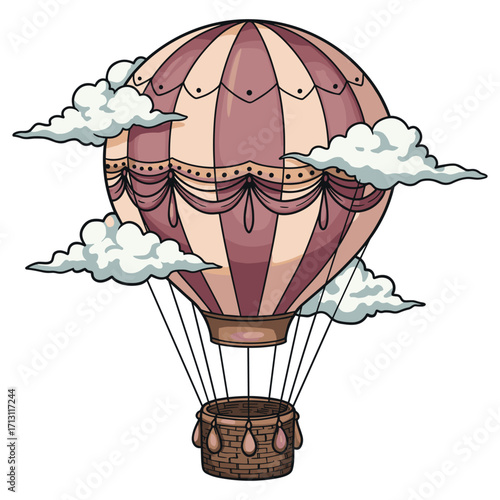 Hot air balloon adventure sky illustration cloudy atmosphere aerial view exploration and freedom. Vector illustration