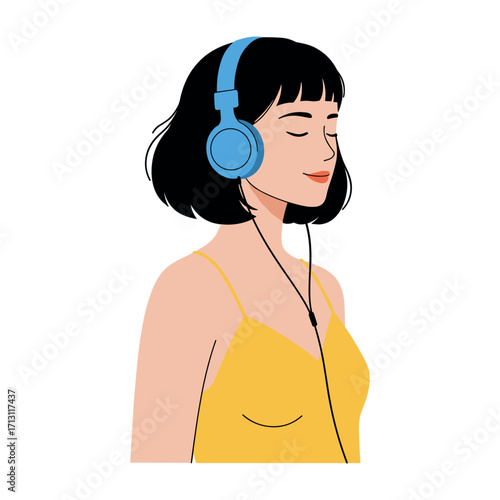 Relaxing woman with headphones home office digital illustration cozy environment side view music enjoyment. Vector illustration