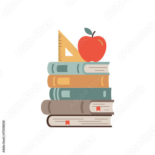 Educational resources books apple and ruler stack classroom illustration knowledge concept. Vector illustration