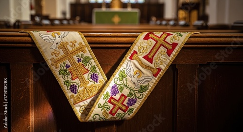 Church interior detail featuring embroidered altar cloth with cross and dove design for religious service background