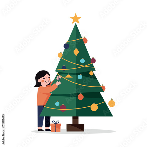 Festive action decorating a christmas tree home illustration cheerful atmosphere front view holiday spirit. Vector illustration