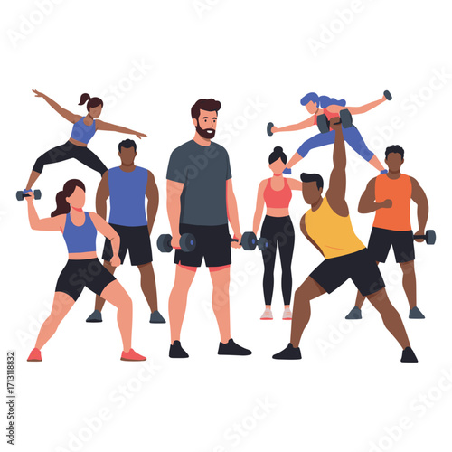 Group fitness training session gym digital illustration energetic environment dynamic viewpoint health and wellness concept. Vector illustration