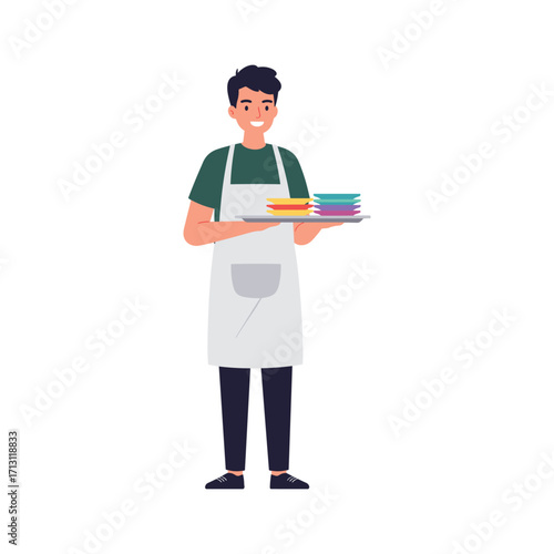 Waiter serving food in a restaurant digital illustration cheerful atmosphere bright colors. Vector illustration