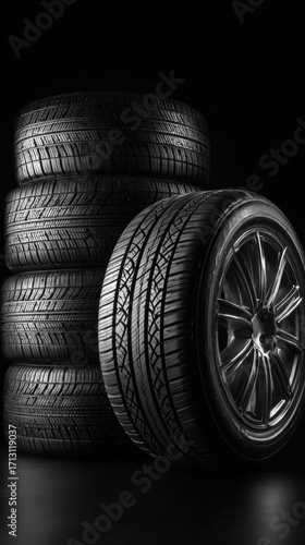 A Striking Arrangement of Four High-Performance Tires with a Single Tire Showcased in the Foreground, Illuminated Against a Dark Background to Highlight Their Design