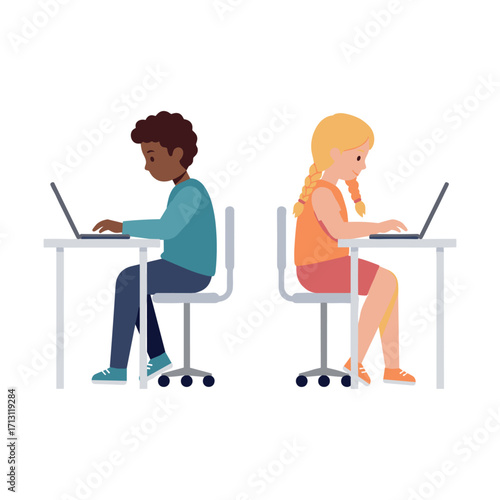 Engaged students working on laptops in a classroom setting digital learning environment side view illustration. Vector illustration