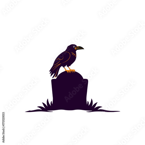 vector illustration Stylized raven perched on a gravestone for Halloween on transparent background