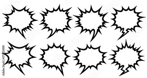 Eight comic book style speech bubbles with jagged, starburst-like edges, arranged in two rows on a white background.