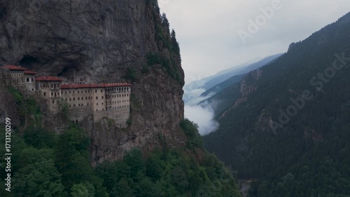 Aerial Drone View of Sumela Monastery in the Misty Mountains of Trabzon, Turkey