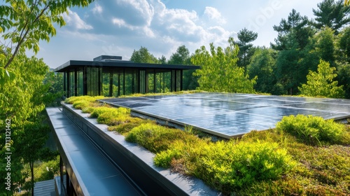 Sustainable Architecture: A Modern Home with Solar Panels and Green Roof Surrounded by Lush Nature for Eco-Friendly Living
