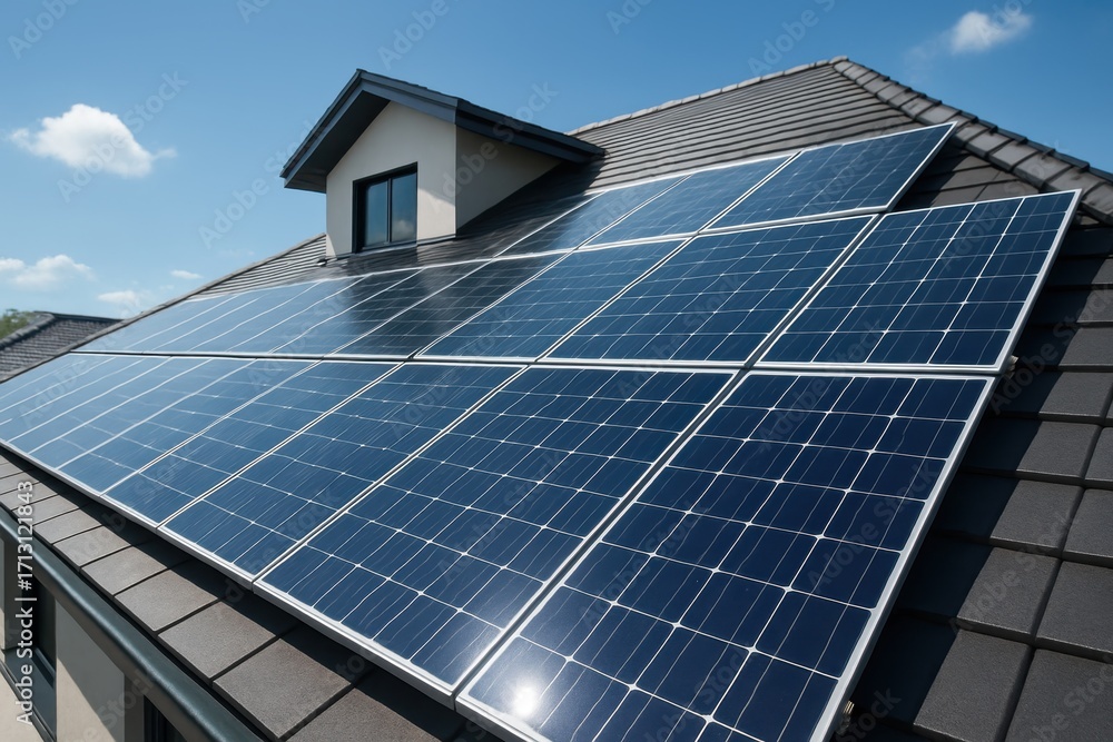 Fototapeta premium Rooftop photovoltaic solar array on modern suburban house clean energy sustainability concept under bright blue sky