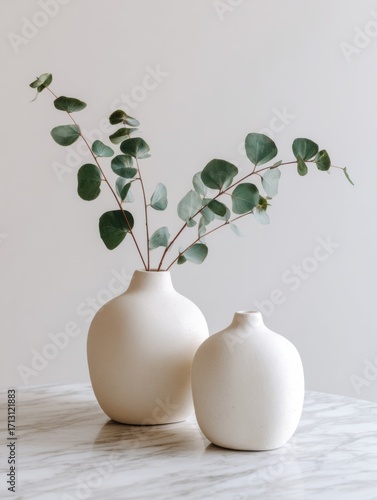 Elegant Arrangement of Minimalist Vases with Green Eucalyptus Stems on a Marble Surface for a Sophisticated Home Décor Look