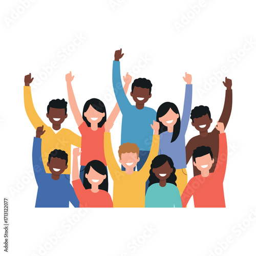 Celebrating unity and joy group of friends raising hands together in a vibrant social gathering. Vector illustration