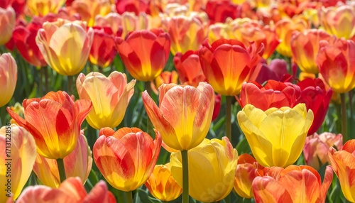 A vibrant field of tulips in a spectrum of bright yellow, orange, and red colors, showcasing the beauty of nature's springtime artistry.