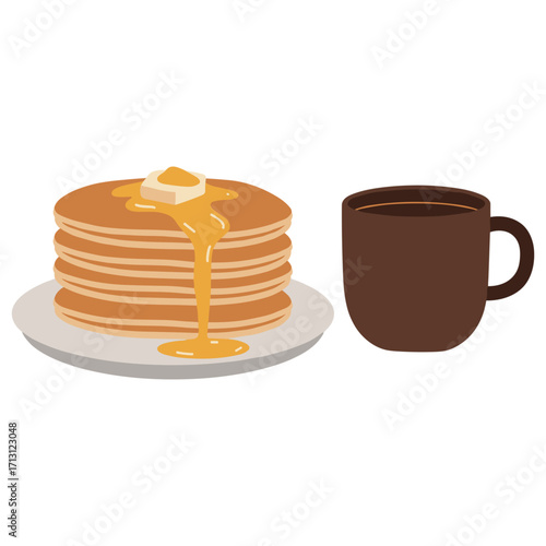 Delicious pancakes and coffee breakfast cozy kitchen food photography warm environment aesthetic viewpoint. Vector illustration