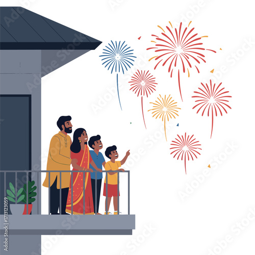 Celebrating diwali with family fireworks display from home balcony urban setting digital illustration. Vector illustration