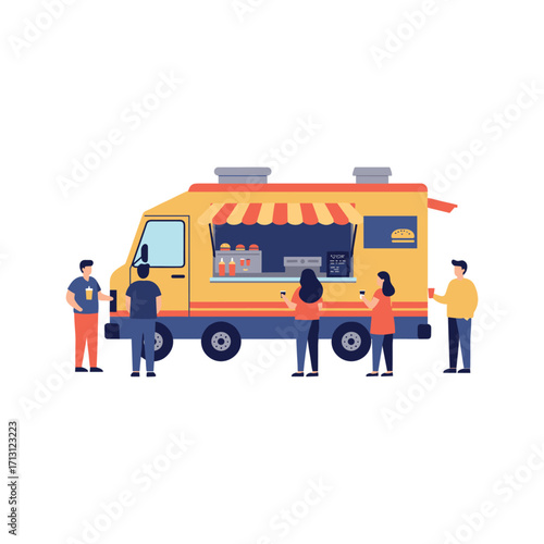 Food truck serving delicious meals urban setting illustration vibrant atmosphere side view culinary experience. Vector illustration